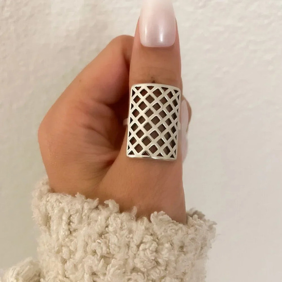 925 Sterling Silver Large Rectangle Ring Chunky Thick Bold Wide Statement Ring - Picture 8 of 11